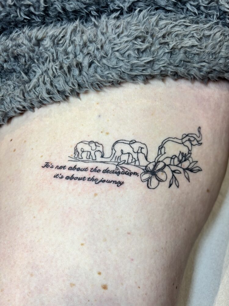 Fine line elephant family tattoo with quote